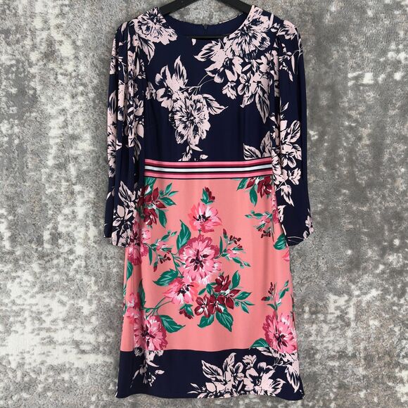 Vince Camuto Size 8 Floral Striped Knee Length Shift Dress Navy Pink 3/4 Sleeve - Picture 1 of 10